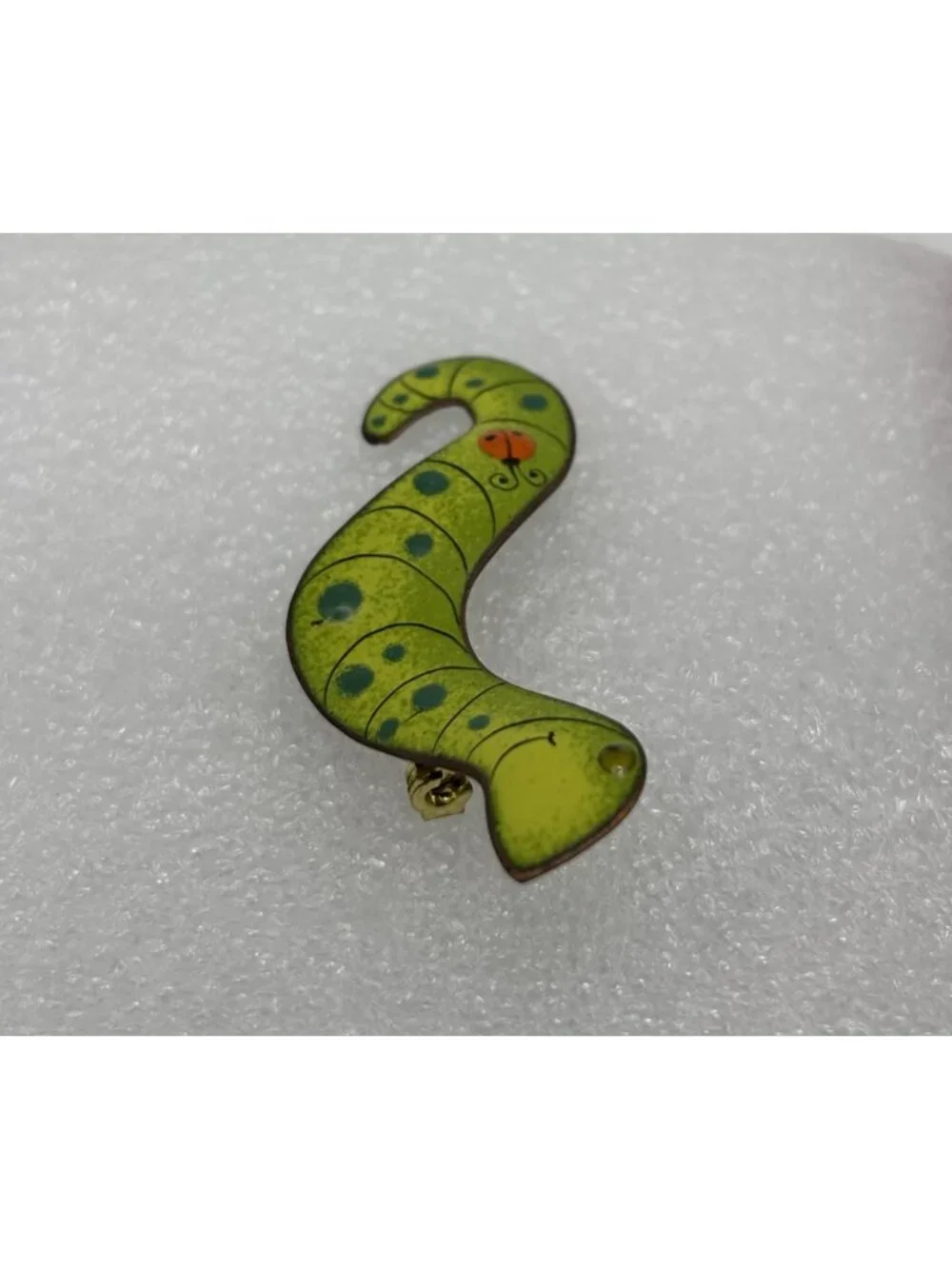 Vintage Nanci Caterpillar With Ladybug Brooch Enameled Copper Mid Century Signed